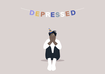 Sad birthday party, a character with sitting on the floor with hands covering their face, a garland with colorful letters reading depressed, emotional challenge