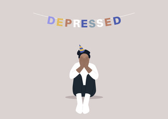 Sad birthday party, a character with sitting on the floor with hands covering their face, a garland with colorful letters reading depressed, emotional challenge