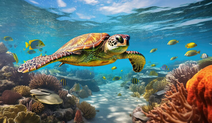 Naklejka na ściany i meble Underwater Harmony: Dive into the Mesmerizing Realm of a Turtle and Fish Swimming in Perfect Synchrony AI Generative