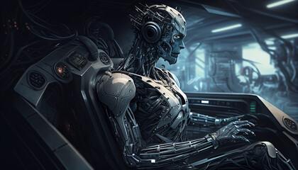 Cyborg-Technologie, Cyborg Roboter in einem Auto neuralink, Generative AI 