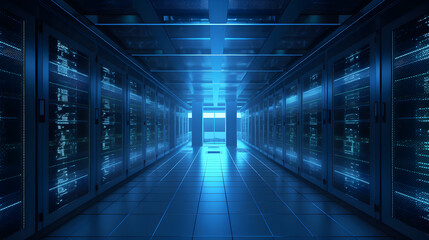 Plakat Technology server room with blue light created with Generative AI