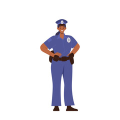 Brave woman police officer flat cartoon character wearing uniform standing isolated on white