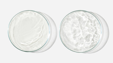 Two Petri dishes on a light background with liquid, water. Splashes of water. Waves in the petri...