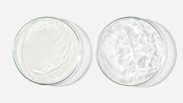Two Petri dishes on a light background with liquid, water. Splashes of water. Waves in the petri dishes. View from above. Laboratory