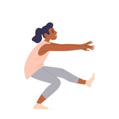 Young happy woman cartoon character practicing yoga fitness exercise isolated on white background