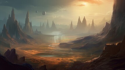Mysterious Martian Megalopolis: Dreamy Panoramic Design with an Earth Colony in the Background. Generative AI