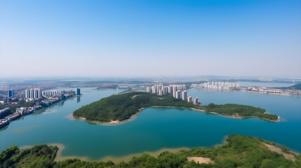 Fototapeta na wymiar city top view with lake and nature created with Generative AI