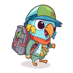 Parrot traveller with backpack, cartoon chibi style, generative AI illustration