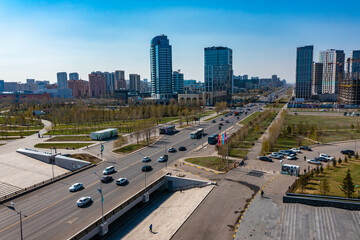Central Asia, Kazakhstan, Astana, aerial view from drone over city center and Opera Theater building.