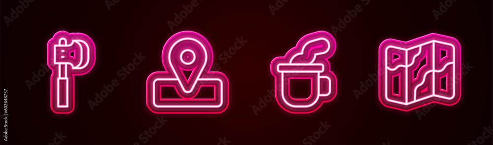 Sticker Set line Wooden axe, Location for camping, Cup of tea and Camping and hiking map. Glowing neon icon. Vector