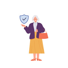 Happy smiling insured aged elderly woman cartoon character standing with shield guard on white