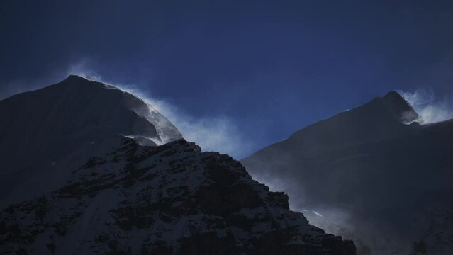 TImelapse of blizzard and strong snow windstorm above Annapurna mountain range, Himalayas, Nepal. Beautiful mountain timelapse