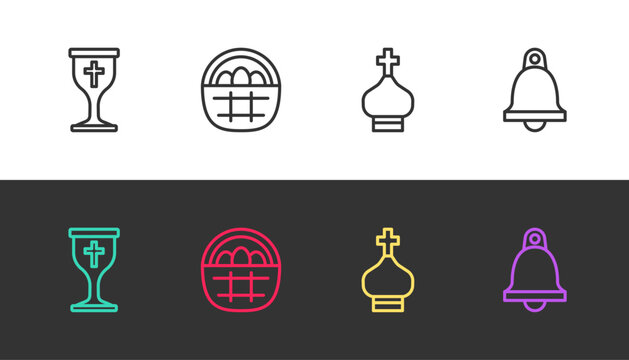 Set line Christian chalice, Basket with easter eggs, church tower and Church bell on black and white. Vector