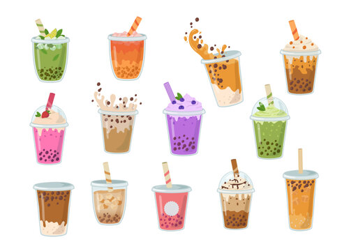 Set of bubble milk tea with tapioca pearls. Asian Taiwanese beverage. Summer yummy cold drinks. Milkshake with splash vector illustration