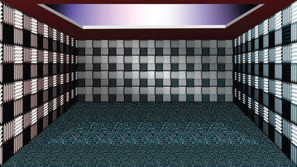 Studio recording room illustration with soundproofing wall. 3D virtual deep perspective. Empty recording room with sound reducing texture.
