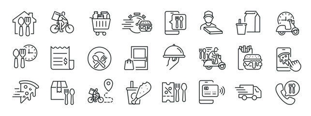 Fototapeta na wymiar Food delivery thin line icons. Editable stroke. For website marketing design, logo, app, template, ui, etc. Vector illustration.