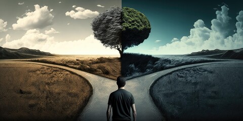 Man at two roads deciding for best chance of environment protection. superlative generative AI image.
