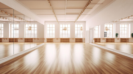 An empty ballet dance studio with wooden floor. Generative AI.