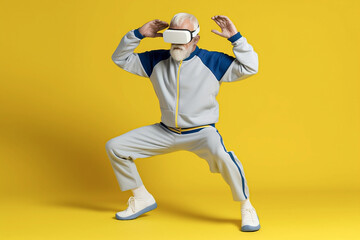 Fototapeta premium Señor mayor en chándal haciendo gimnasia, llevando gafas de realidad virtual, sobre fondo amarillo. Ilustración de IA generativa