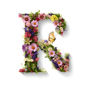 Letter R made of real natural flowers and leaves. Flower font concept. Unique collection of letters and numbers. Spring, summer and valentines creative idea. 