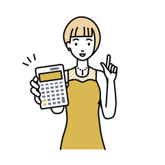 立って電卓を指差してこちらに向けて見せているドレスの女性