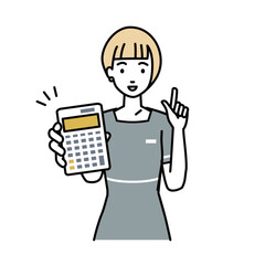 立って電卓を指差してこちらに向けて見せているエステ店員・受付・接客係の女性