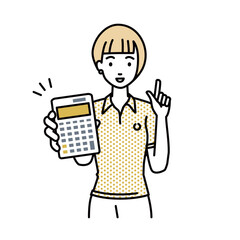 立って電卓を持ってこちらに向けて見せているポロシャツの女性