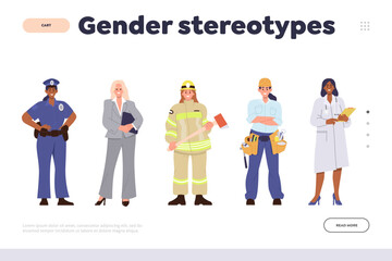 Gender stereotype concept for landing page design template with women characters of male professions - obrazy, fototapety, plakaty