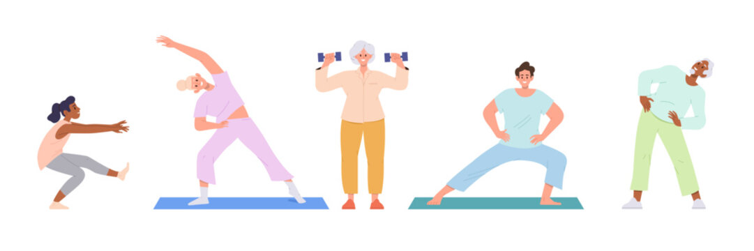 Set of sports people characters doing fitness workout, yoga exercise standing in different pose
