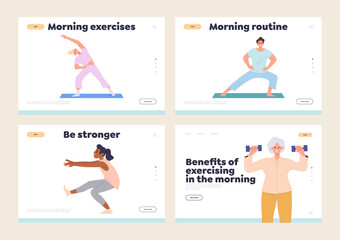 Set of sports landing page design template promoting morning workout exercise for people health