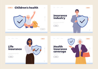 Children, elderly people and businessperson insurance concept for landing page design template set