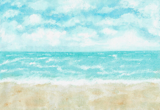 Blue sea water with sky, clouds and beach sand, watercolor painting nature background, summer seascape beautiful waves, tropical nature concept. Hand painted texture style on paper.
