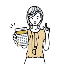 立って電卓を指差してこちらに向けて見せているオフィスカジュアルの女性