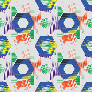 Multicolor Brush Stroke Textured Broken Hexagons Pattern.