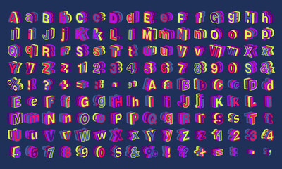 Vibrant collection 3D vector typography. Featuring isolated letters, numbers, and punctuation marks, each design pops with bright and vivid colors.