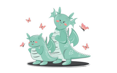 Cute baby dragon and his mom in a hand-drawn style. Vector