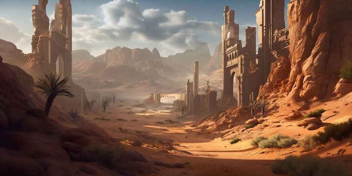 ruins of ancient city in desert, generative ai