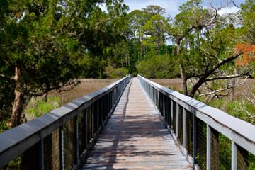 Fototapeta na wymiar Scenic view showing boardwalk crossing St. Augustine, Florida marshland.