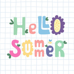 Hello Summer banner design. Season vocation, weekend, holiday poster, card, header for website. Summer Time cartoon vector Lettering text. Colorful holiday background with flowers, leaves, bird, bee