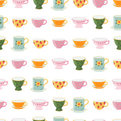 Tea or coffee cups vector seamless pattern. Ceramic crockery theme. Cartoon mugs Kitchen background