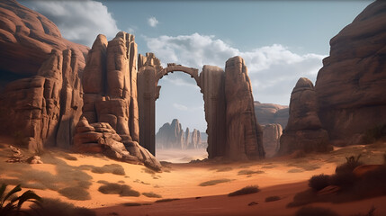 desert landscape with ancient lost city ruins with huge gate , background, generative ai  
