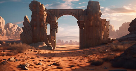 desert landscape with ancient lost city ruins with huge gate , background, generative ai
- 602652921