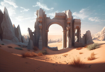 desert landscape with ancient lost city ruins with huge gate , background, generative ai	
