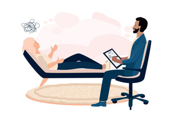The patient is in the psychologist's office and talks about his experiences and problems. Consultation and assistance of a psychologist. Vector illustration in a flat style. - obrazy, fototapety, plakaty