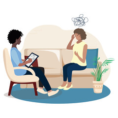 The patient is in the psychologist's office and talks about his experiences and problems. Consultation and assistance of a psychologist. Vector illustration in a flat style. - 602653172