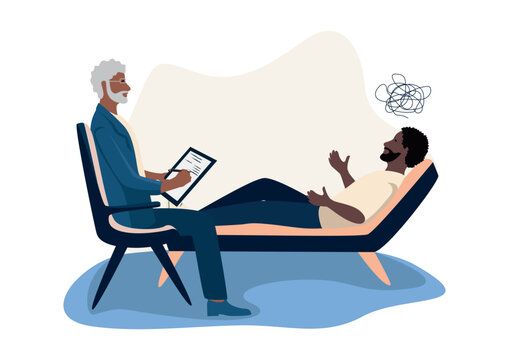 The patient is in the psychologist's office and talks about his experiences and problems. Consultation and assistance of a psychologist. Vector illustration in a flat style.