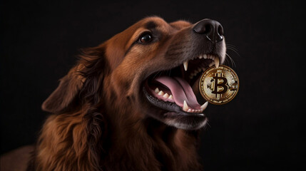 The dog holds a bitcoin in its teeth. The doge is eating bitcoing, dogecoin. Generative AI