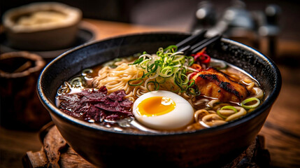 Ramen close up in dark room. Generative AI