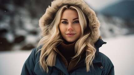 Beautiful woman smiling in warm jacket in snowy mountains. Generative AI