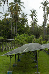 Fototapeta premium Solar power plant energy panels on tropical island Gili Air, Indonesia. Cloudy day, tropical forest